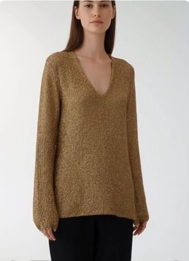 WHITE+WARREN Women's Gold Metallic Lurex Sweater Size M V-Neck Ribbed Pullover